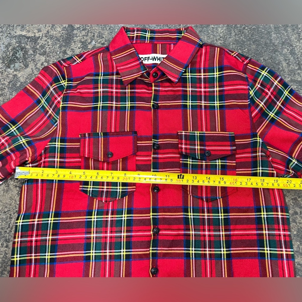 Off-White Red Tartan Plaid Button-Down Shirt with White Graphic Back - Picture 7 of 15